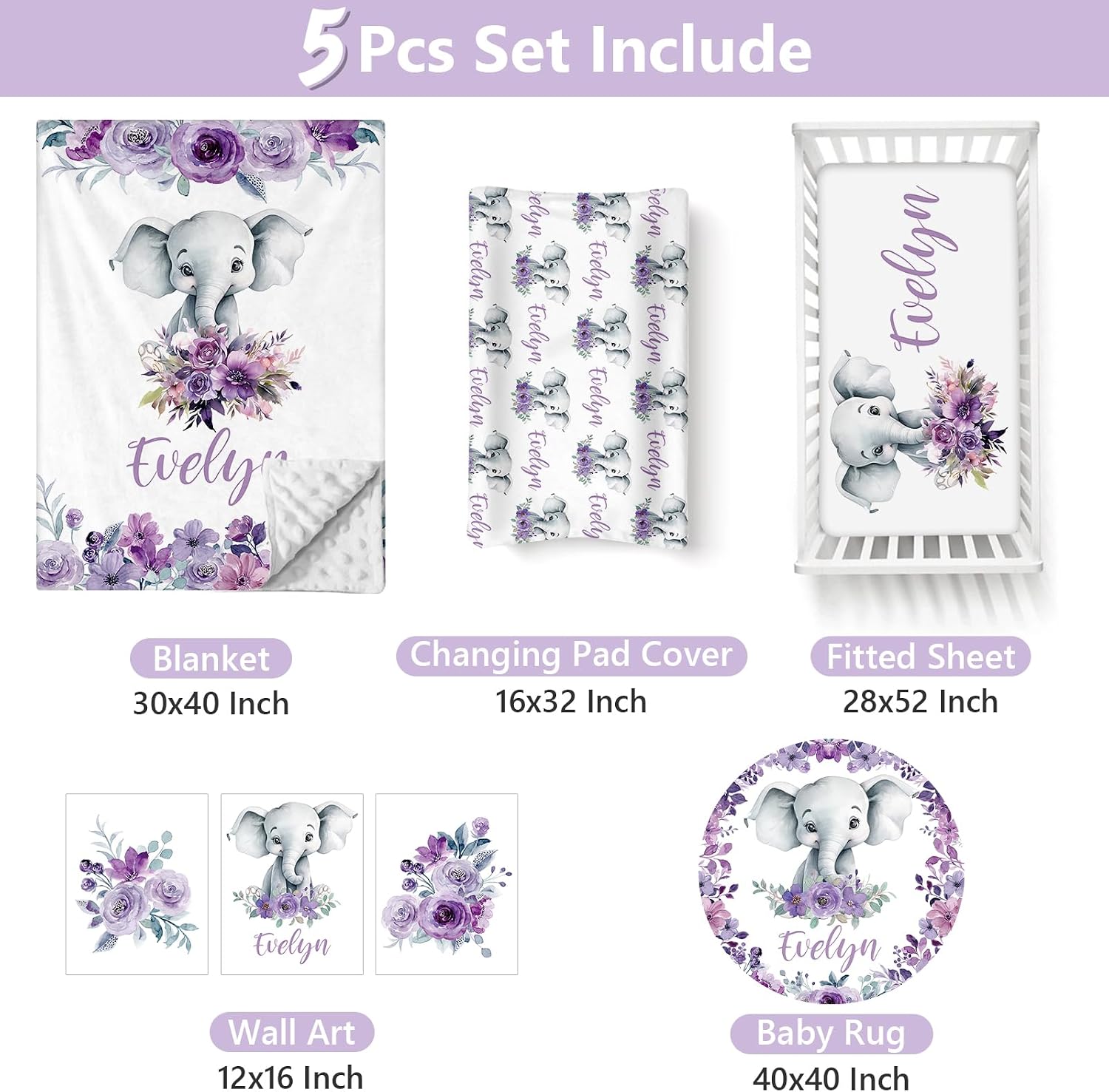 Personalized Baby Crib Bedding Set, 5 Pcs Custom Name Nursery Bedding Set for Girls Boys, Purple Elephant Baby Crib Set for Toddlers Infants, Double Layer Bedding Crib Sets Customized Gifts
