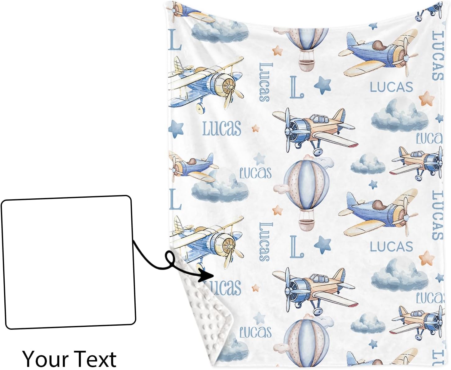 Personalized Baby Crib Bedding Set for Baby Boys Girls, Toy Airplane Pattern Custom Name Baby Crib Sets 5-Pcs, Toddler Double Layer Blanket Fitted Sheets Changing Pad Cover Rug Wall Art Set
