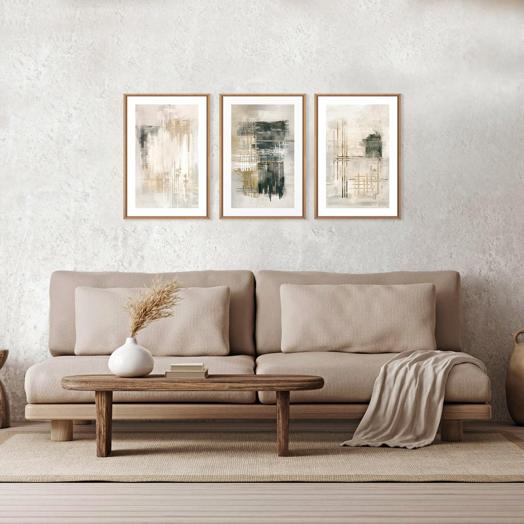 Ausril Modern Abstract Framed Canvas Wall Art Set, Minimalist Neutral Wall Decor, Textured Stroke Art Prints, Beige Black White Painting for Living Room, Bedroom, Office -24''x36''x3