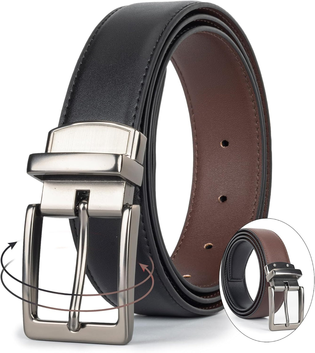 Reversible Belt for Men Black Brown PU Leather Belt with Alloy Pin Buckle, Mens Dress Belt for Work Casual, 1.3' Wide