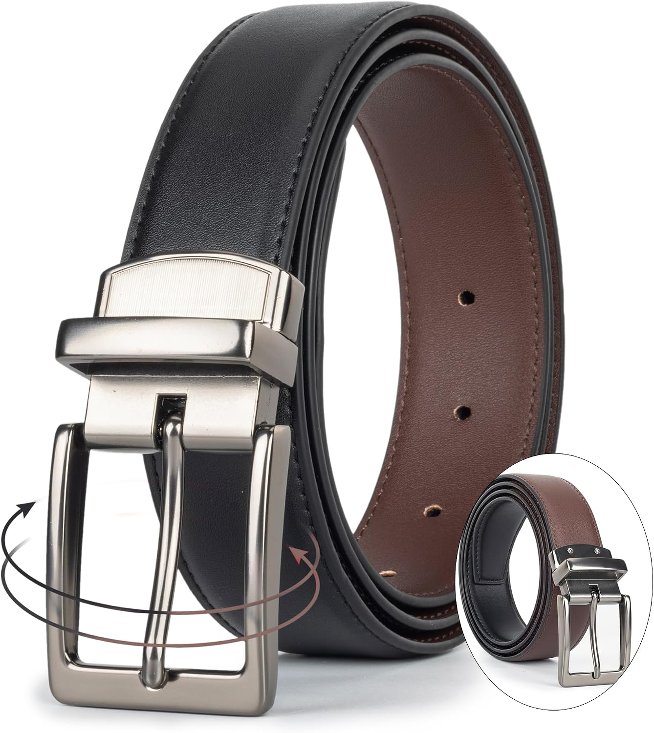 Reversible Belt for Men Black Brown PU Leather Belt with Alloy Pin Buckle, Mens Dress Belt for Work Casual, 1.3' Wide