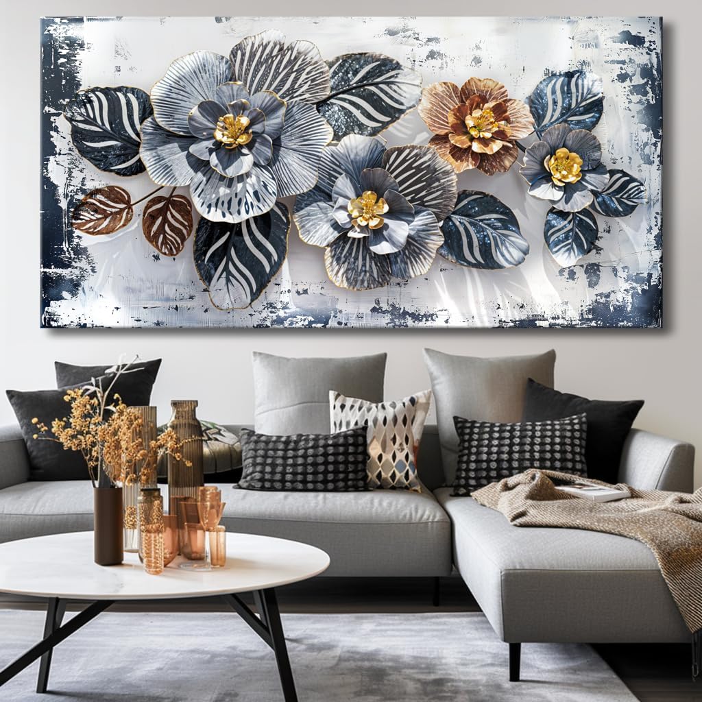 Large Floral Wall Art Decor Elegant Flower Framed Canvas Print Wall Décor for Living Room, Bedroom, Dining Room, and Home Office Modern Textured Ready to Hang - 24'x48'