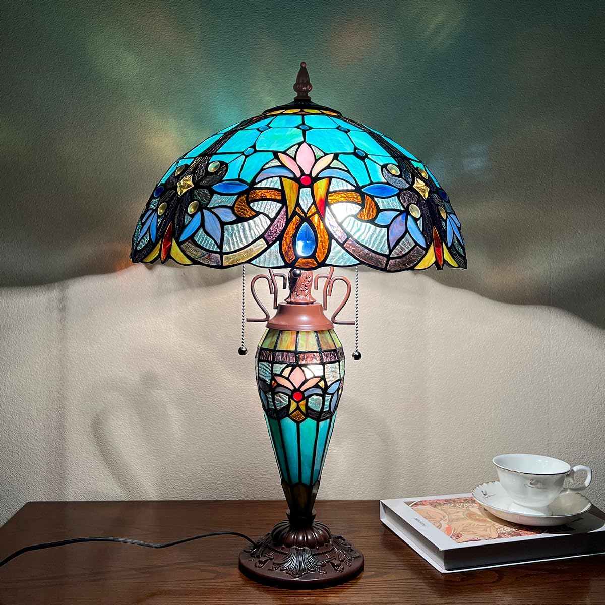 Tiffany Table Lamp with NightLight,16 inch Green Large Stained Glass Table Light,Antique Style 3-Lights Desk Lamp for Living Room Bedroom Office