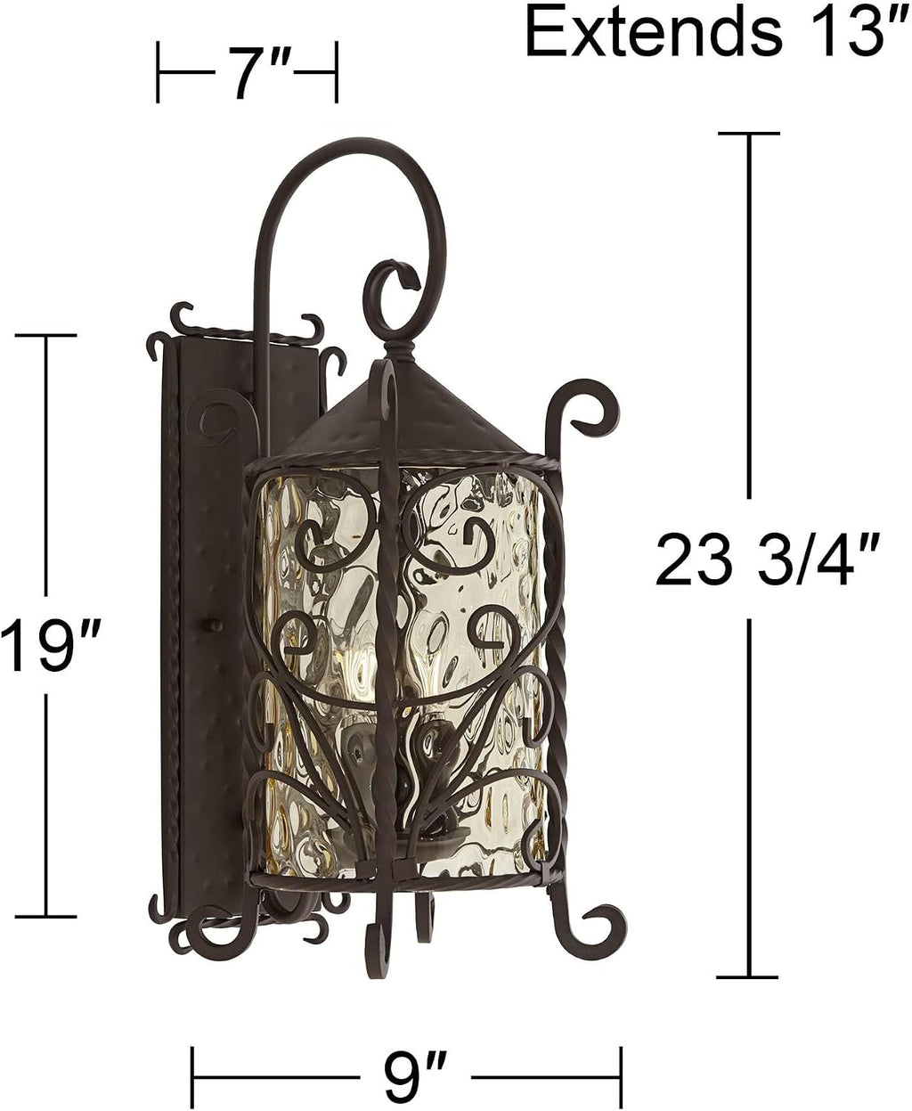 John Timberland Casa Seville Rustic Outdoor Wall Light Fixture Lantern Dark Walnut Iron Scroll 23 3/4' Hammered Glass Decor for Exterior House Porch Patio Outside Deck Garage Front Door Home