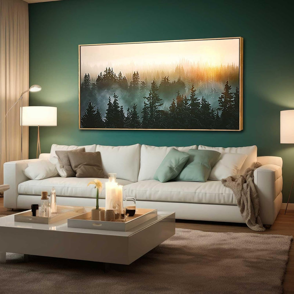 Living Room Wall Art Sunrise Misty Forest 24'x48' Modern Home Wall Decor Plants Wall Decorations Framed Artwork for Bedroom Dining Room Office Hotel