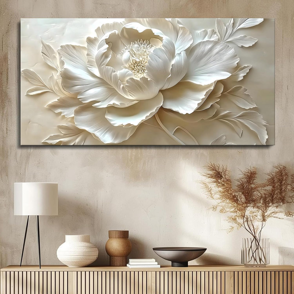 MooMel Large Framed Abstract White Flower Wall Art, Modern Canvas Wall Decor for Living Room Bedroom Dining Room Home Office, 29x58 Inch.