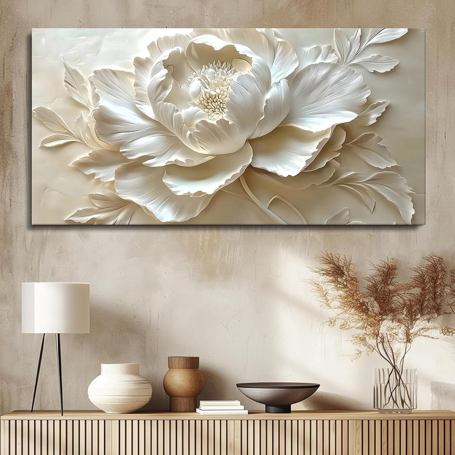 MooMel Large Framed Abstract White Flower Wall Art, Modern Canvas Wall Decor for Living Room Bedroom Dining Room Home Office, 29x58 Inch.