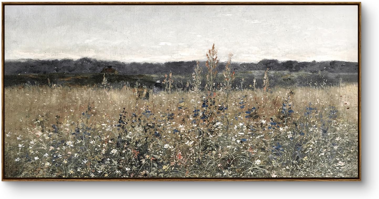 InSimSea Extra Large Framed Vintage Wall Art, Living Room Country Farmhouse Decor, Flower Meadow Landscape Paintings, Canvas Prints, Retro Scenery Long Pictures for Bedroom Above of Bed,24x48inch