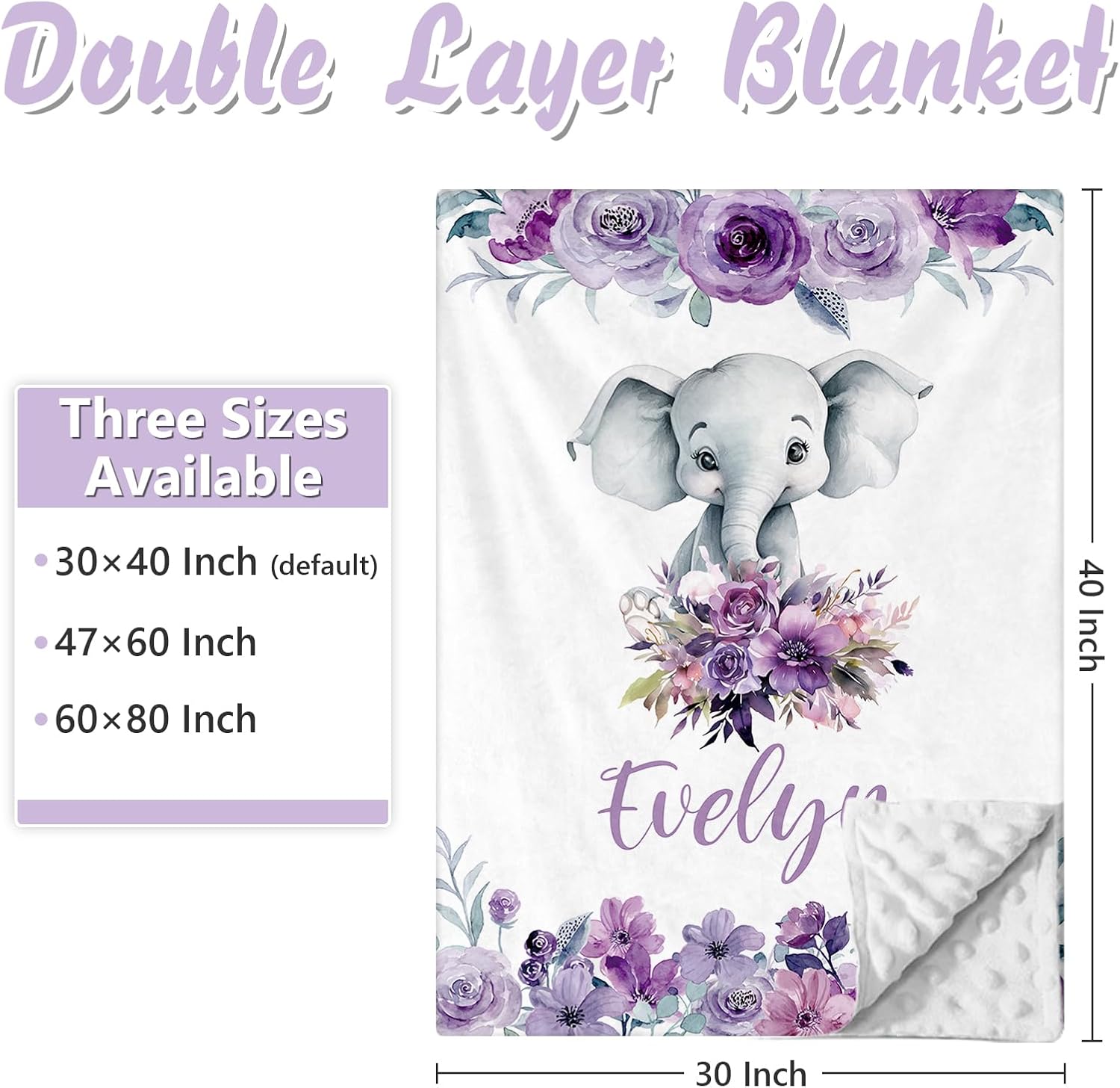 Personalized Baby Crib Bedding Set, 5 Pcs Custom Name Nursery Bedding Set for Girls Boys, Purple Elephant Baby Crib Set for Toddlers Infants, Double Layer Bedding Crib Sets Customized Gifts