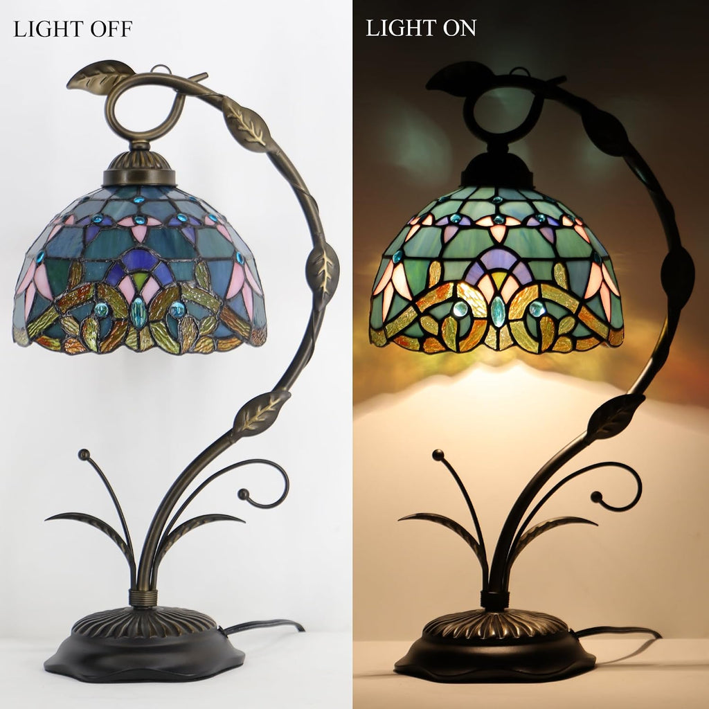 Tiffany Lamp Stained Glass Table Lamp Metal Leaf Base 8X10X19 Inch Reading Desk Light (Baroque Style)