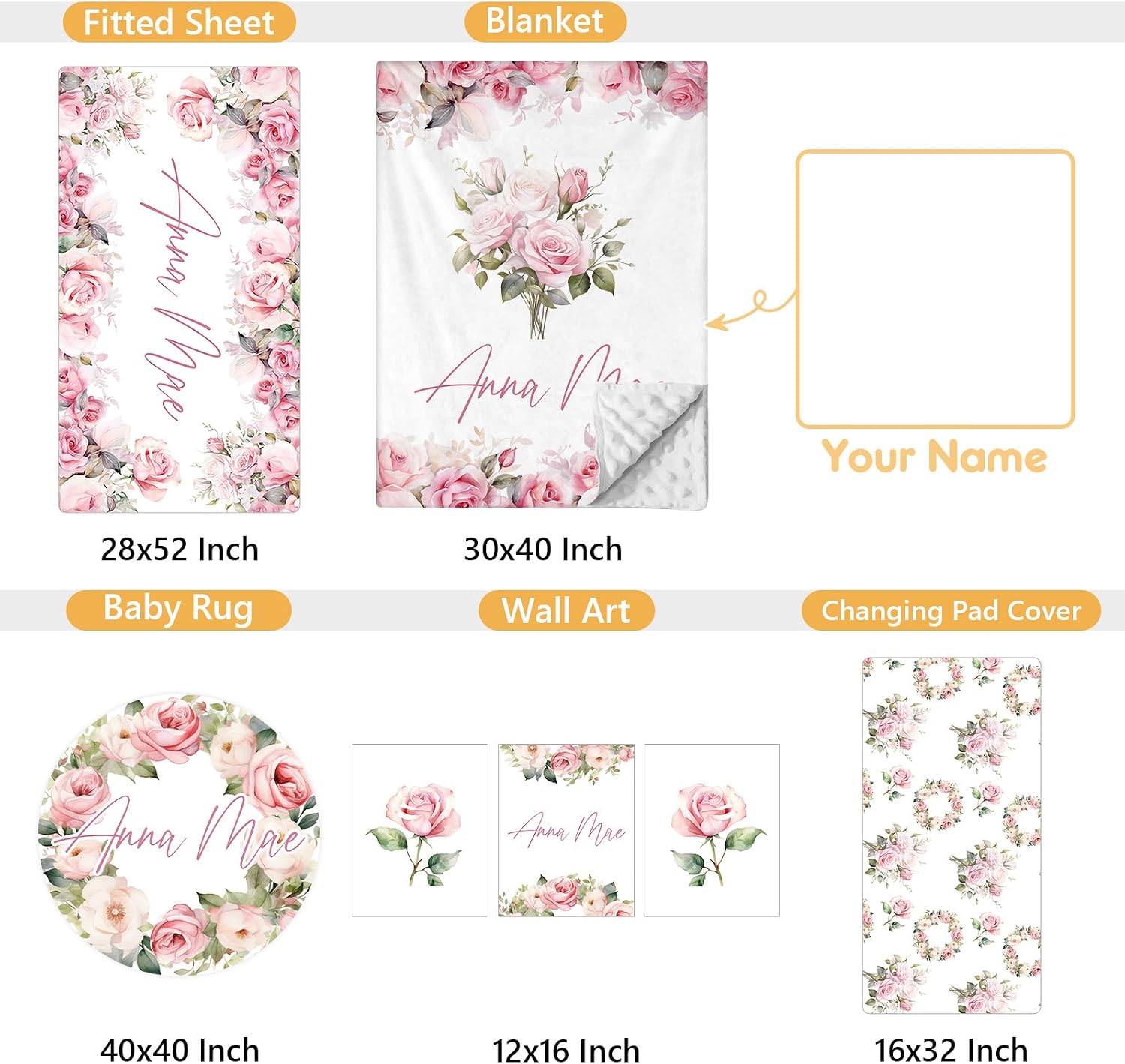 Terwex Custom Crib Bedding Set - 5 Pcs Personalized Name Pink Flowers Baby Crib Set for Infant Toddler Girl - Comfortable Double Layer Nursery Bedding Set - Customized Present for Birthday Baby Shower