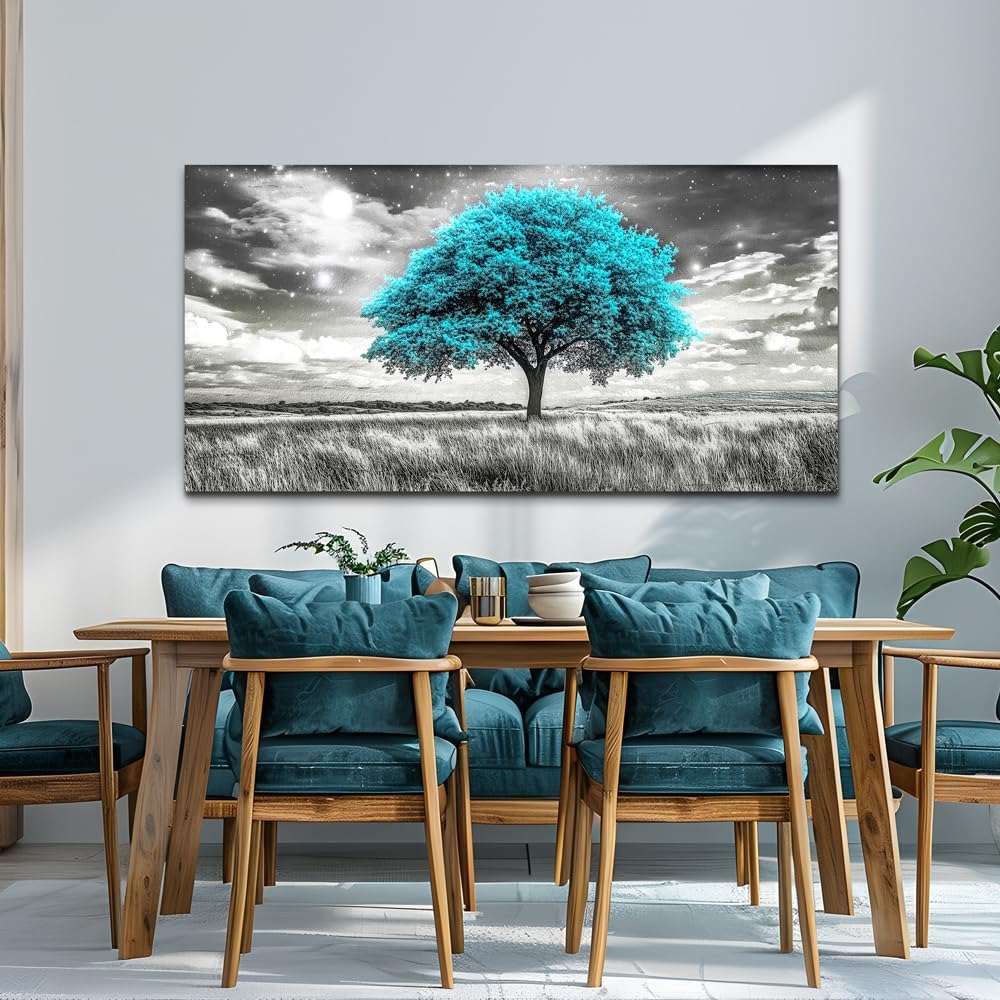 KELIYUAN Large Canvas Wall Art For Living Room Wall Decor For Bedroom Corridor Blue Tree Natural Scenery Full Of Stars Black And White Modern Printing Dining Room Kitchen Home Decoration 30 'X 60'