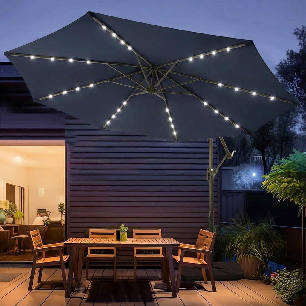 wikiwiki 10ft Solar LED Patio Umbrella with Base Included, Offset Umbrella with Weighted Sandbag Base, Cantilever Patio Umbrella for Backyard, Garden & Deck, 32 LED Lights & Polyester Shade, Navy Blue
