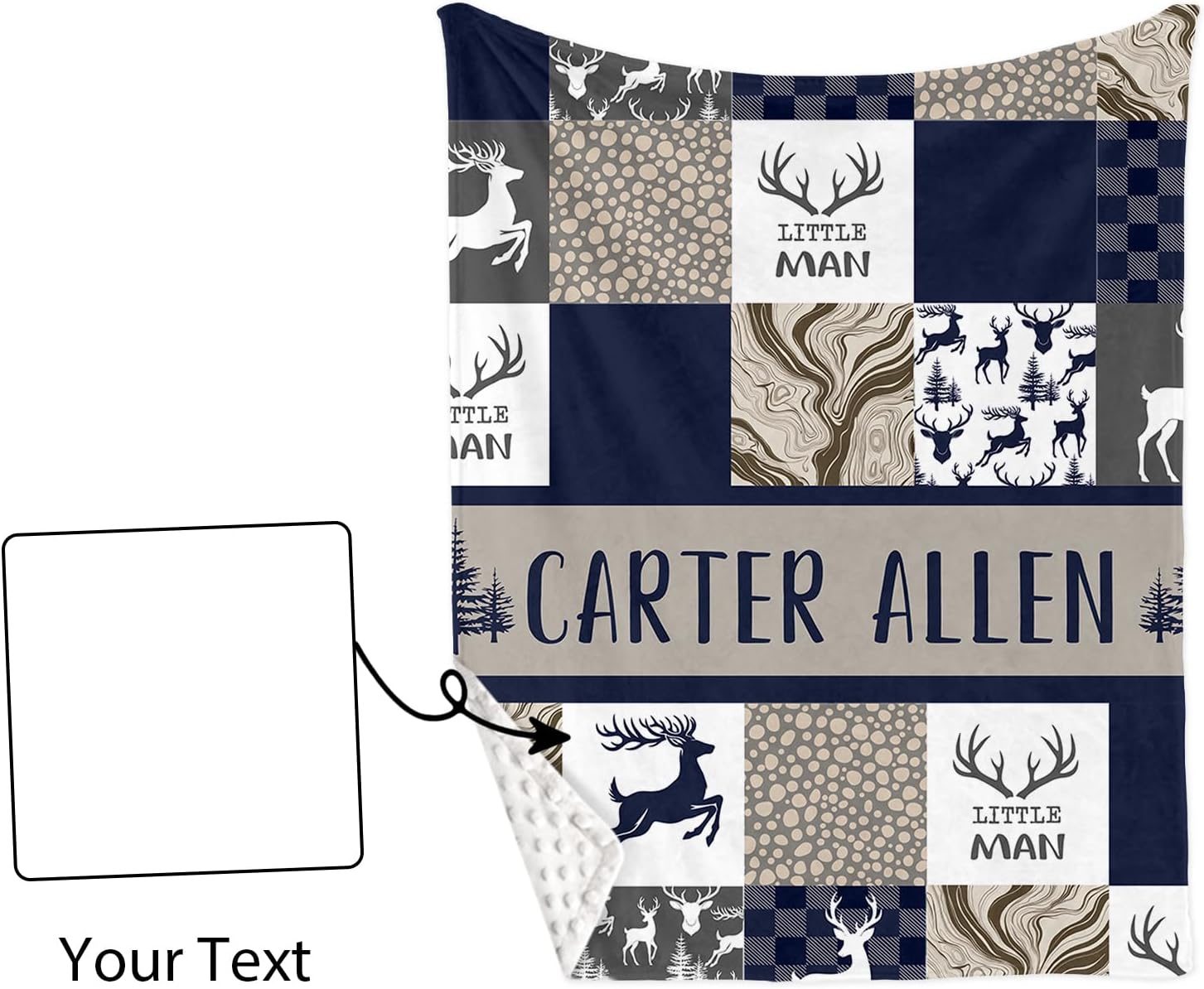 Personalized Baby Crib Bedding Set, 5-Piece Navy Deer Design Baby Crib Sets with Custom Name, Toddler Double Layer Blanket Fitted Sheets Changing Pad Cover Rug Wall Art Set, Charming Nursery Decor