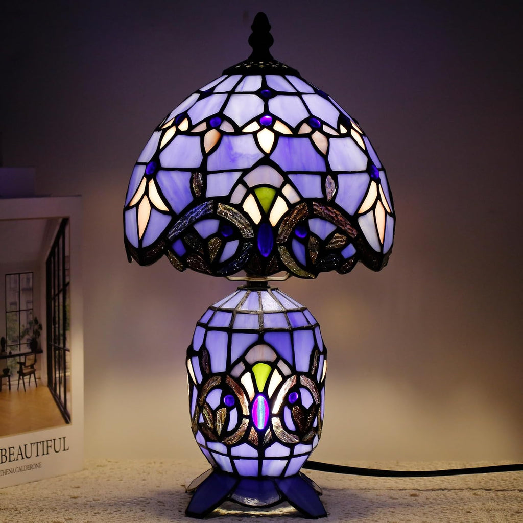 Small Tiffany Lamp Stained Glass Table Lamp Mini Mother Daughter Vase Desk Accent Light for Bedroom Bedside Reading Home Antique Style Decor 8X14 Inches (Blue Baroque)