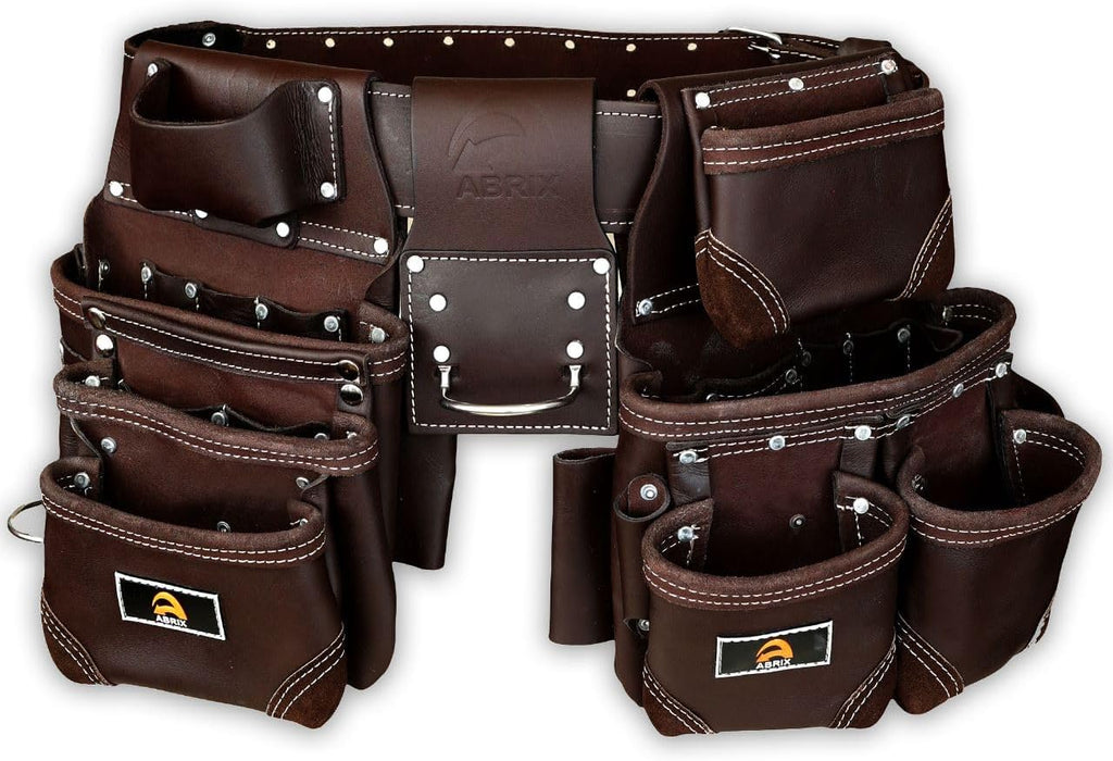 ABRIX Heavy Duty Tool Belt for Men – 4MM Thick Genuine Leather, Brass Buckle & Rivets | Foam Padded Comfort | 28-Pocket Carpenter & Framing Rig | Fits Waist 32 to 52 Inches | Professional Work Belt