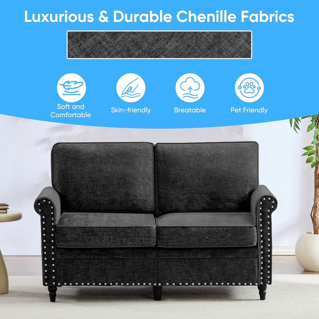 Mjkone 54' Chenille Sofa Couch, Living Room Loveseat Sofa with Wood Frame, Gourd Shape Wood Legs, 6.7' Thickened Soft Cushion, Rivet Design, Mid Century Modern Couch for Small Spaces, Apartment, Black
