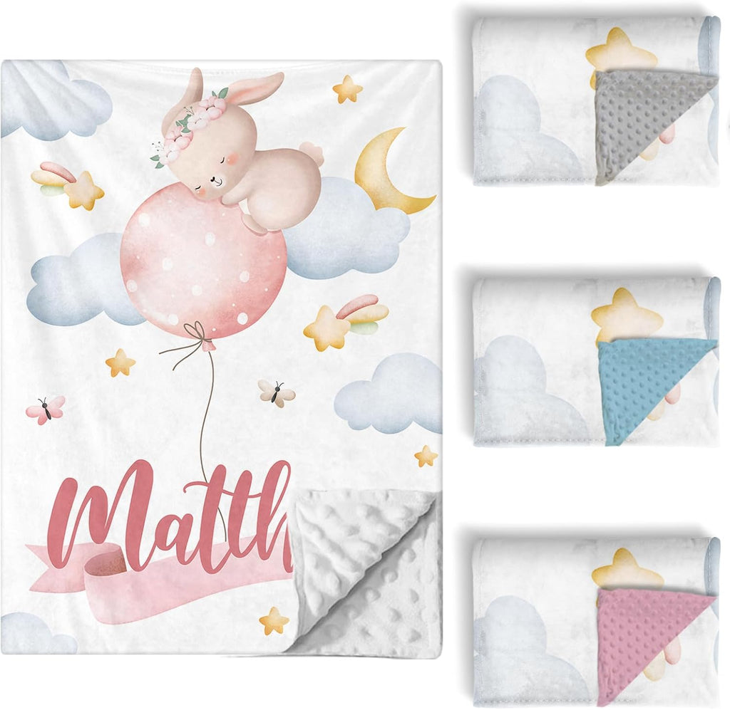Custom Baby Crib Bedding Set, 5 PCS Personalized Name Baby Crib Sets for Girls Boys, Pink Rabbit Theme Nursery Bedding Sets for Infant Toddler, Double Layer Flannel Bed Set Customized Gifts