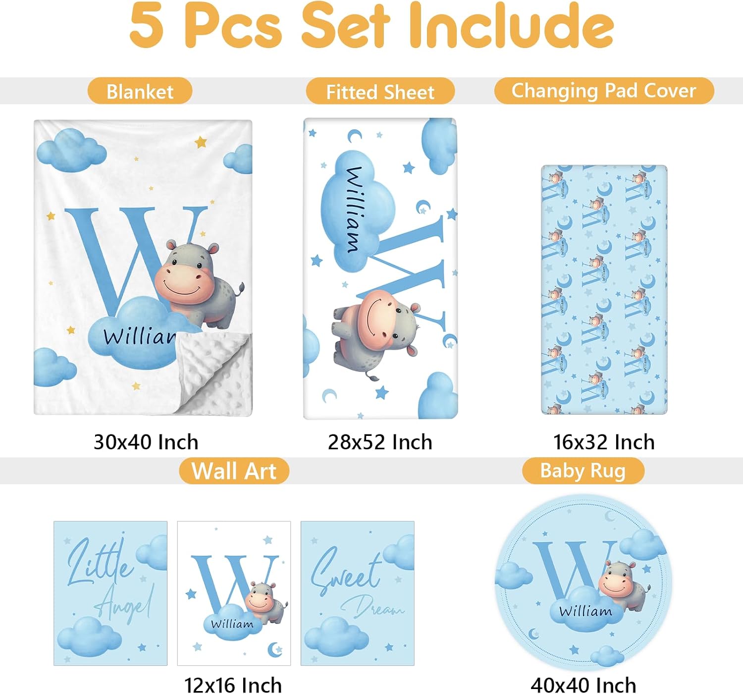 Terwex Custom Crib Bedding Set, 5 Pcs Personalized Name Baby Crib Sets for Newborns Infants Toddlers, Blue Hippo Nursery Bedding Set for Boys Girls, Double Layer Baby Bedding Sets Customized Gifts