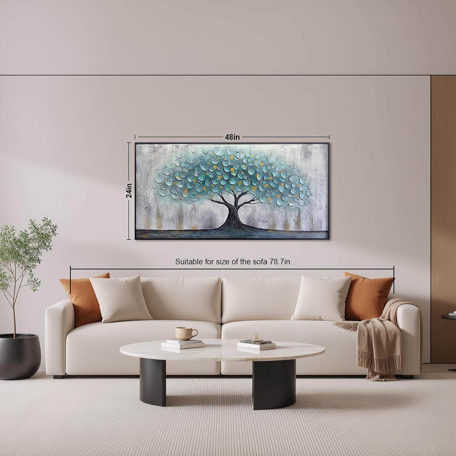 Teal Blue Tree of Life Canvas Wall Art for Living Room, Hand Painted Modern Abstract Textured Painting, Large Framed Panoramic Landscape wall art for Living Room, Bedroom, Office, Home Decor 48'x24'