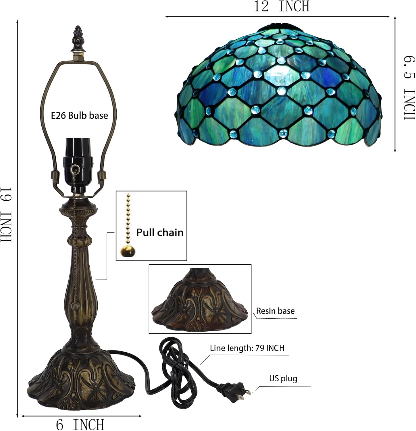 Tiffany Lamp Stained Glass Table Lamp Bedside Reading Light W12H19 Inches (Sea Blue Pearl Style)