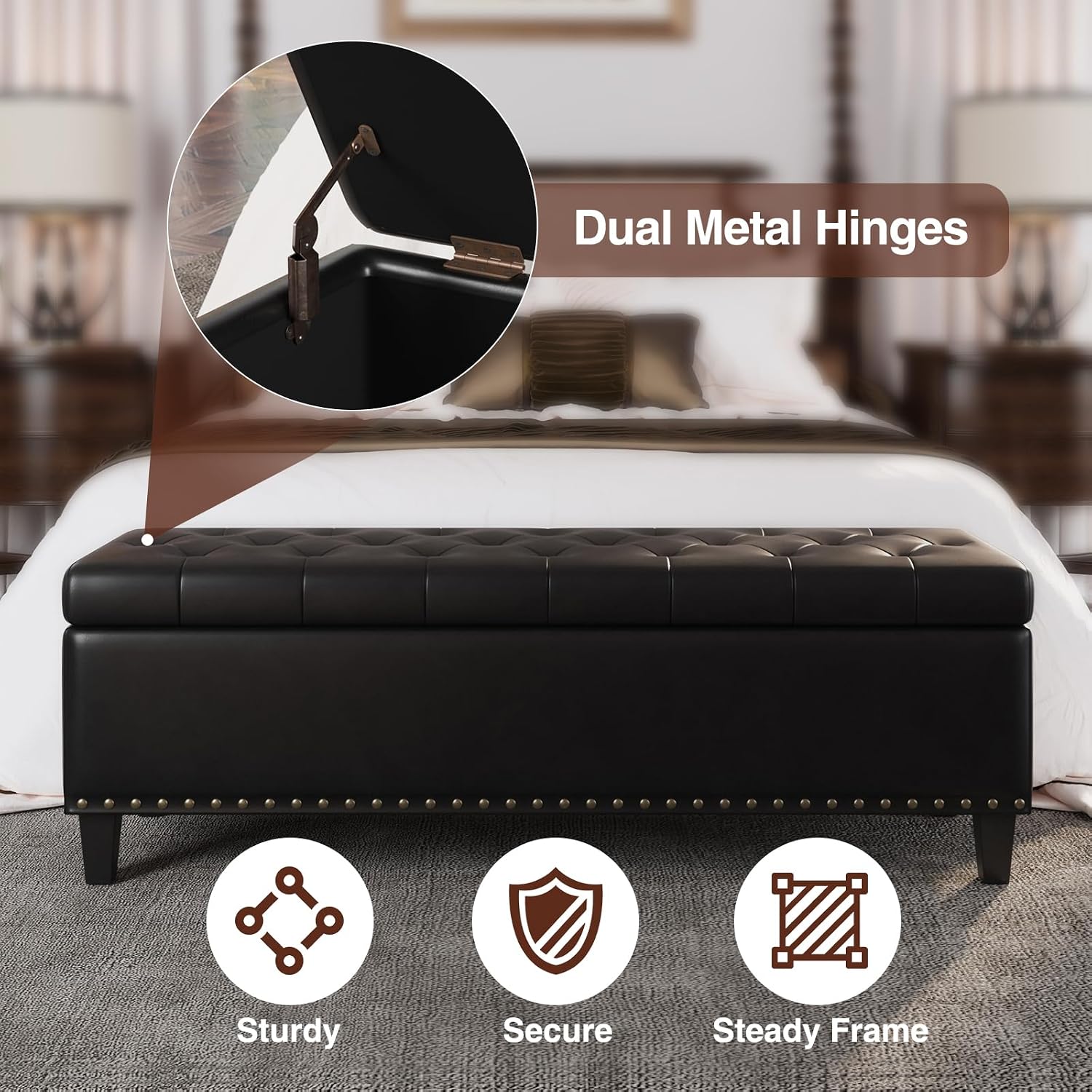FiveWillowise Storage Ottoman Bench,51-Inch Large Storage Bench for Bedroom End of Bed, 30 Gallons Faux Leather Ottoman with Storage for Bedroom, Living Room, Entryway, Black