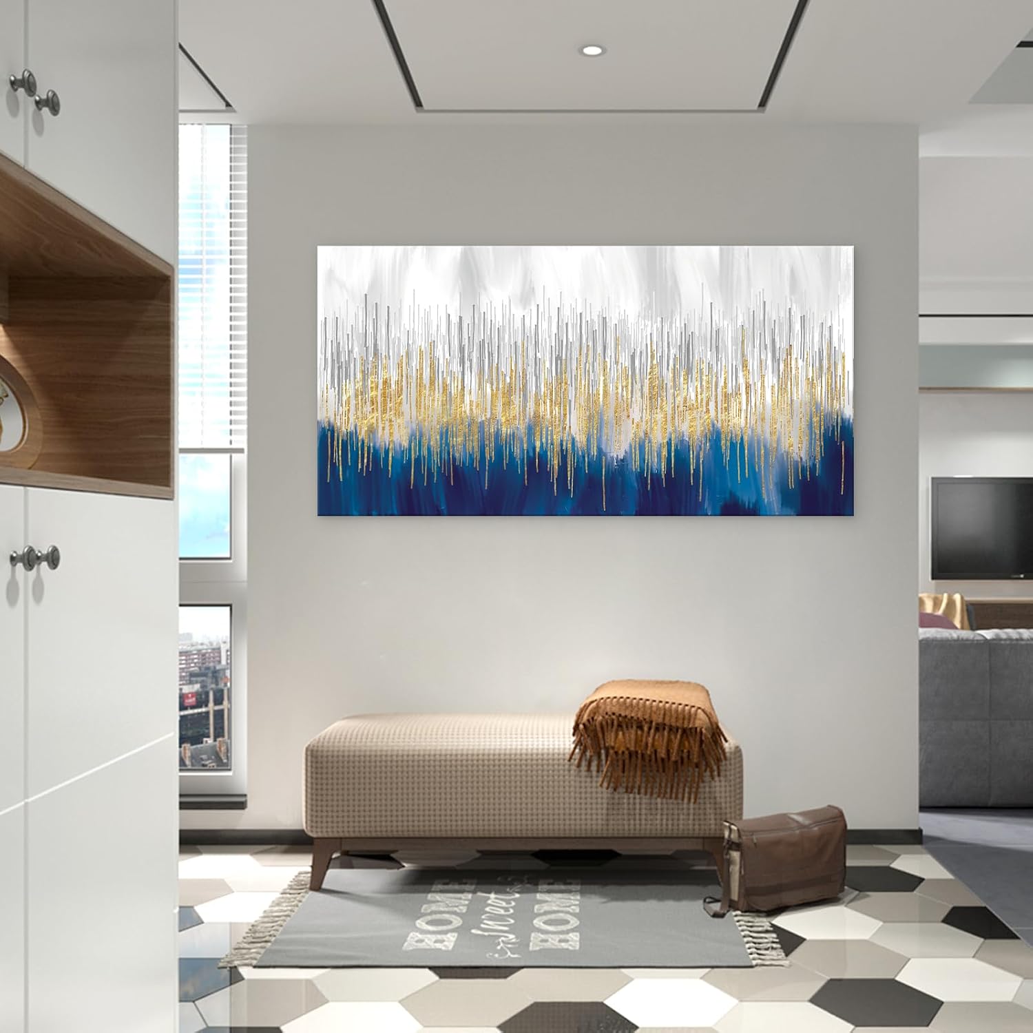XXMWallArt FC3198 Abstract Wall Art Gold and Blue Canvas painting Artwork Painting Print for Living Room Bedroom Kitchen Home and Office Wall Decor