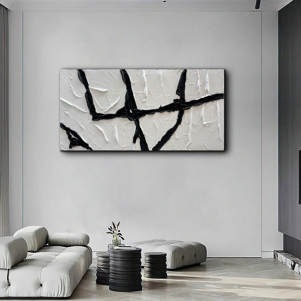 Creespi Hand Painted Black and White Thick Texture Oil Painting On Canvas,Modern Minimalist Abstract Wall Art for Home Decor 24x48 inch