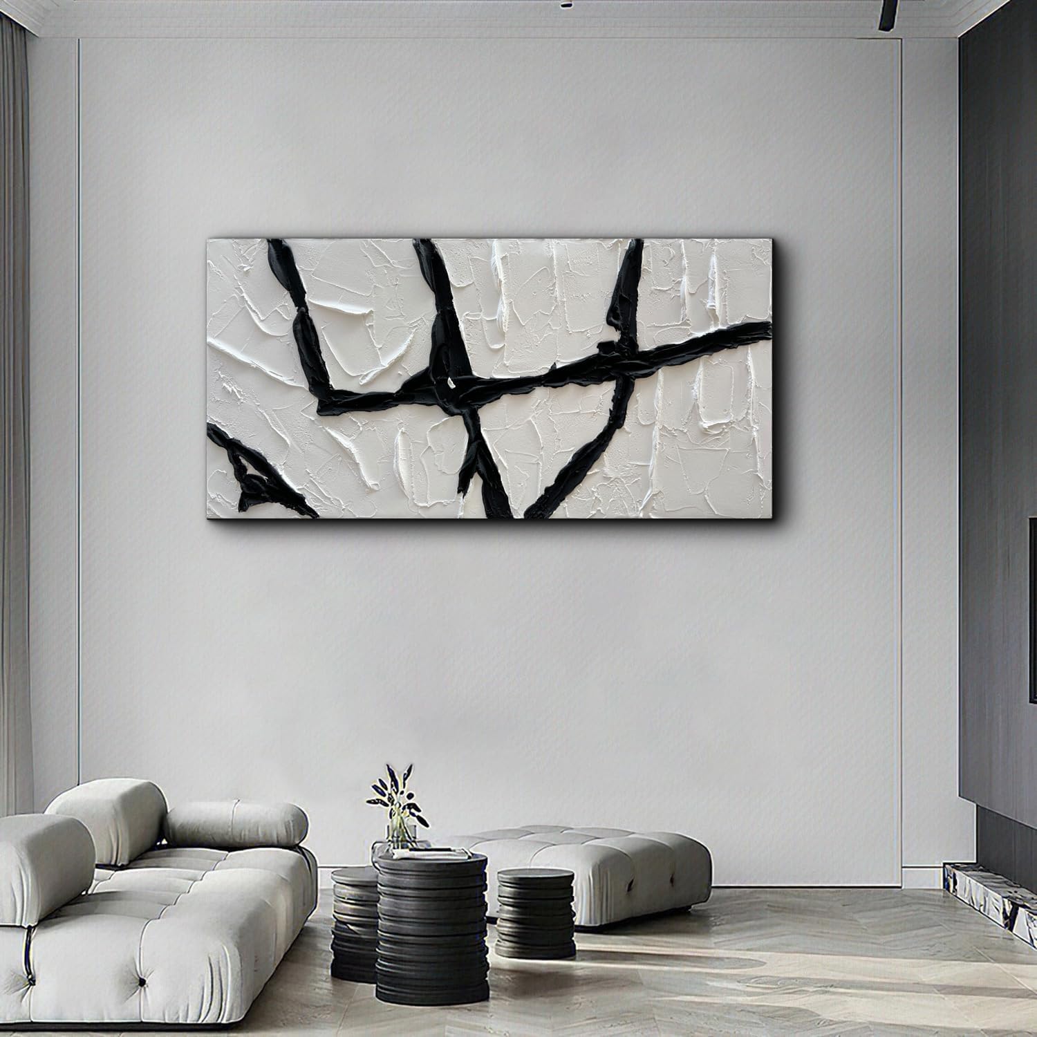 Creespi Hand Painted Black and White Thick Texture Oil Painting On Canvas,Modern Minimalist Abstract Wall Art for Home Decor 24x48 inch