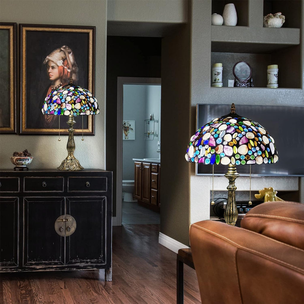 Tiffany Table Lamp,Stained Glass Lamp with Natural Shell,12' Vintage 2-Light Handmade Tiffany Style Lamp,Tiffany Bedside Light for Bedroom Living Room Office(2 LED Bulbs Included)