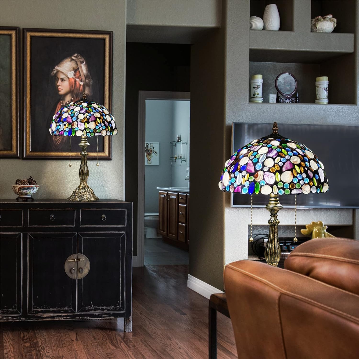 Tiffany Table Lamp,Stained Glass Lamp with Natural Shell,12' Vintage 2-Light Handmade Tiffany Style Lamp,Tiffany Bedside Light for Bedroom Living Room Office(2 LED Bulbs Included)