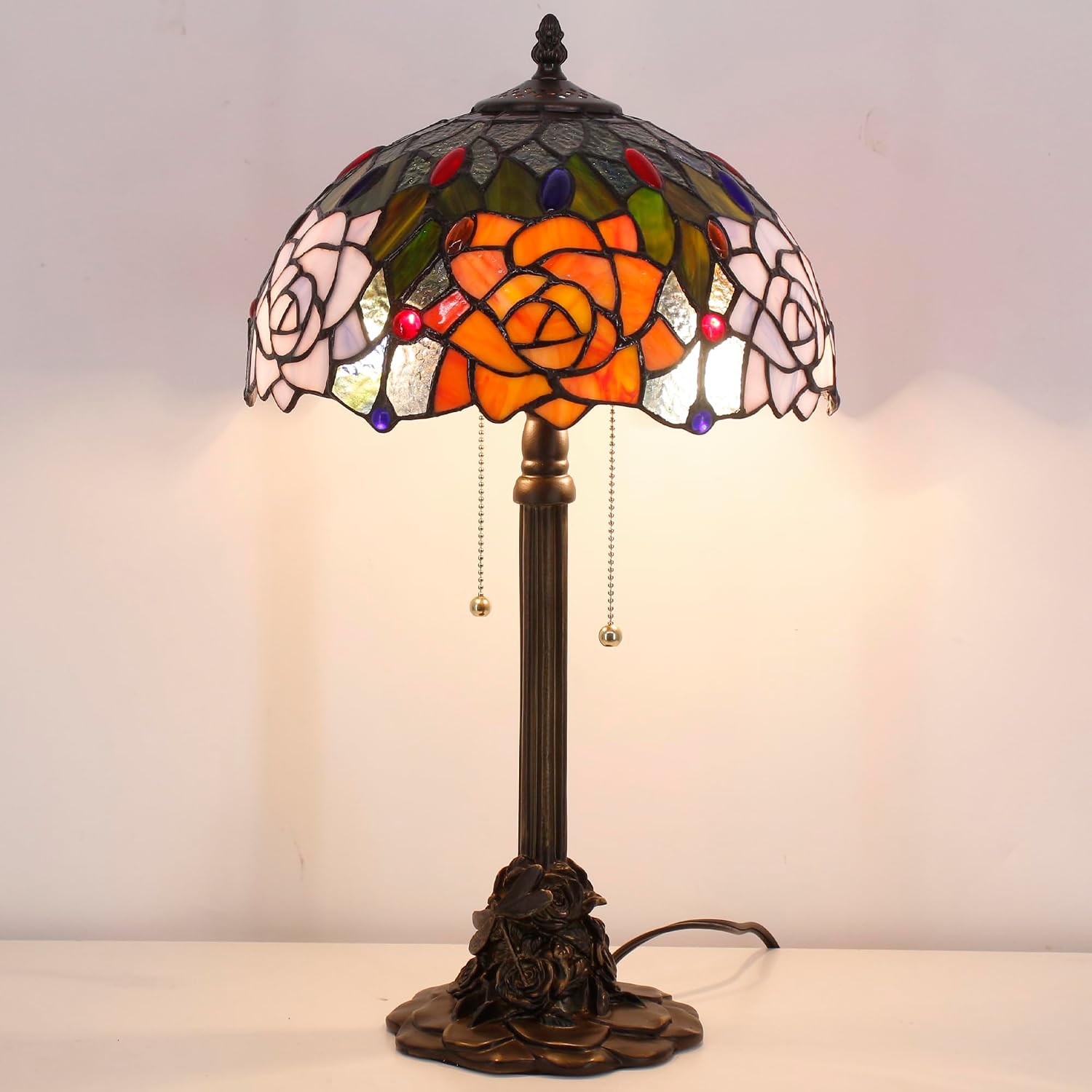 Tiffany Table Lamp Stained Glass Desk Lamp 12X12X21Inch Resin Base for Bedroom Living Room Reading Light (Purple Orange Rose Flower)