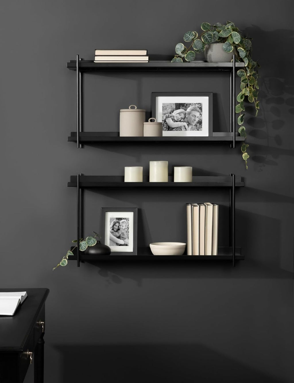 Kate and Laurel Dominic Modern Metal Bathroom Shelf; 28 x 7 x 15; Black; Contemporary Sleek 2-Tier Floating Shelves for Wall Decor; Display; and Over Toilet Storage