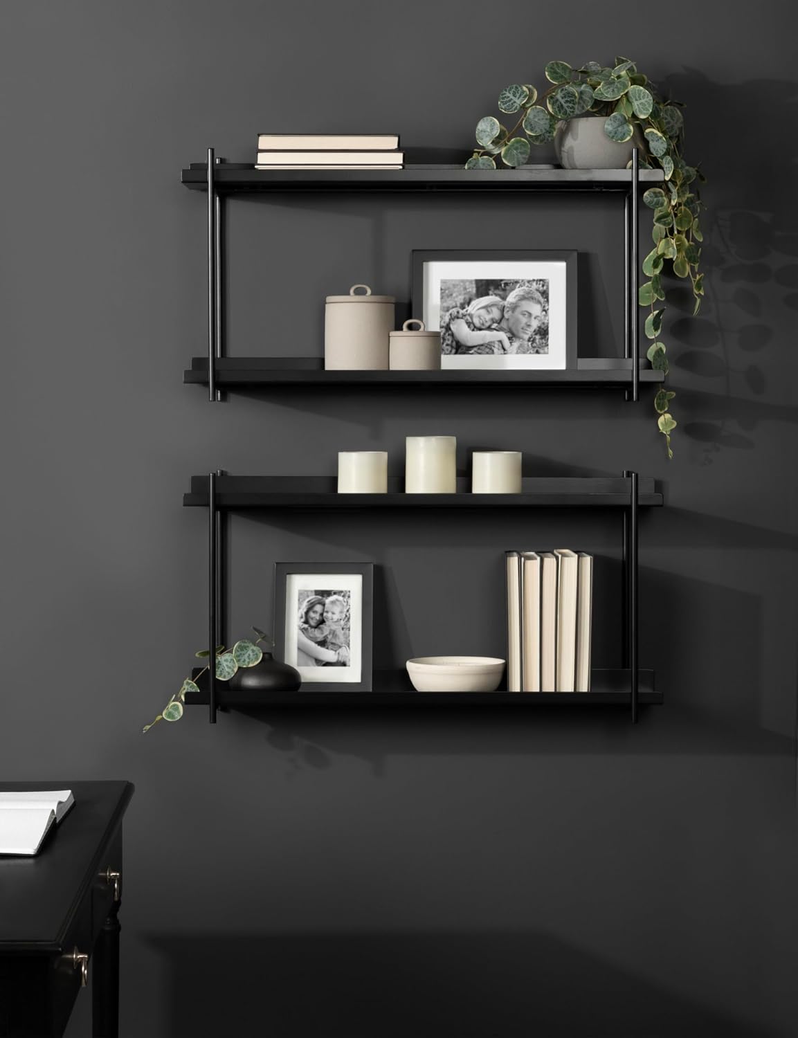 Kate and Laurel Dominic Modern Metal Bathroom Shelf; 28 x 7 x 15; Black; Contemporary Sleek 2-Tier Floating Shelves for Wall Decor; Display; and Over Toilet Storage