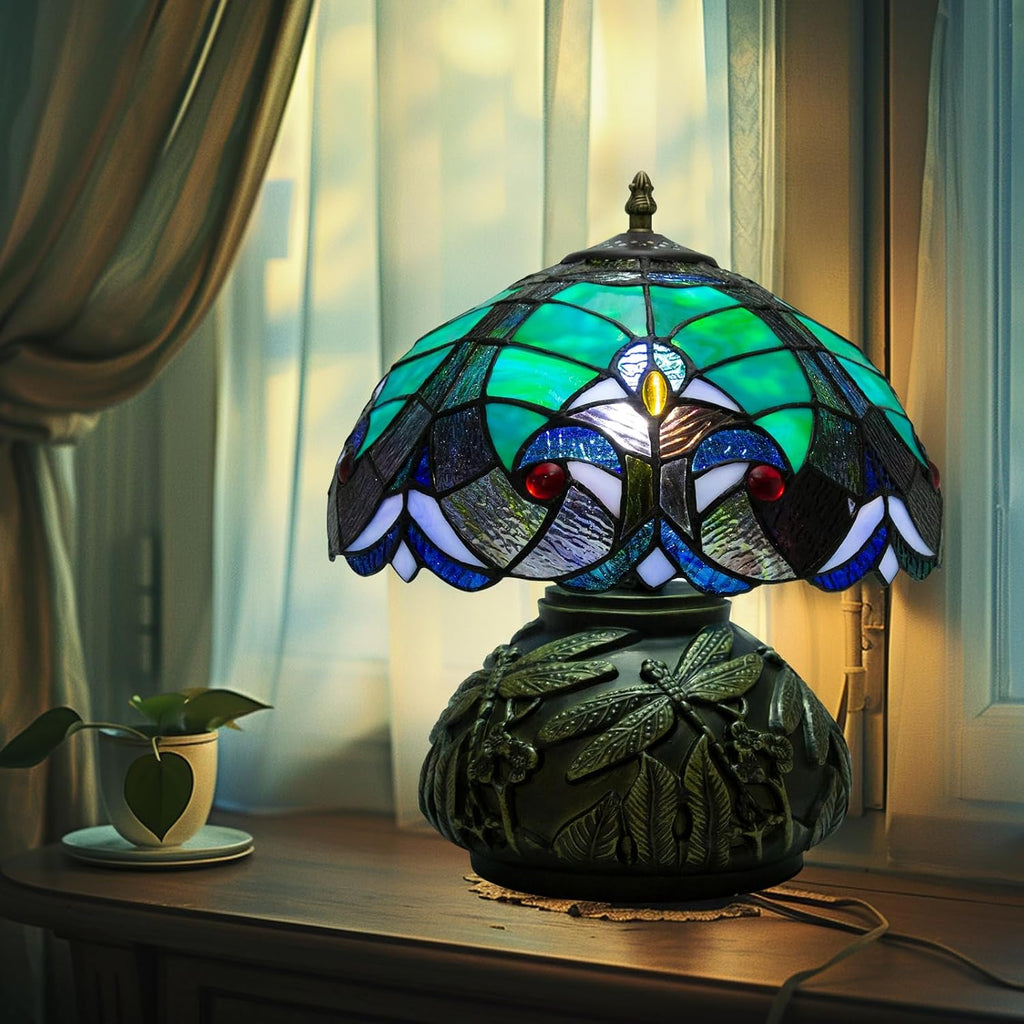 Tiffany Style Table Lamp Dragonfly, Small Stained Glass Lamp for Bedside, Bedroom, Nightstand, Living Room, 12 Inch Mini Vintage Mushroom Desk Lights Included E26 LED with Remote Control