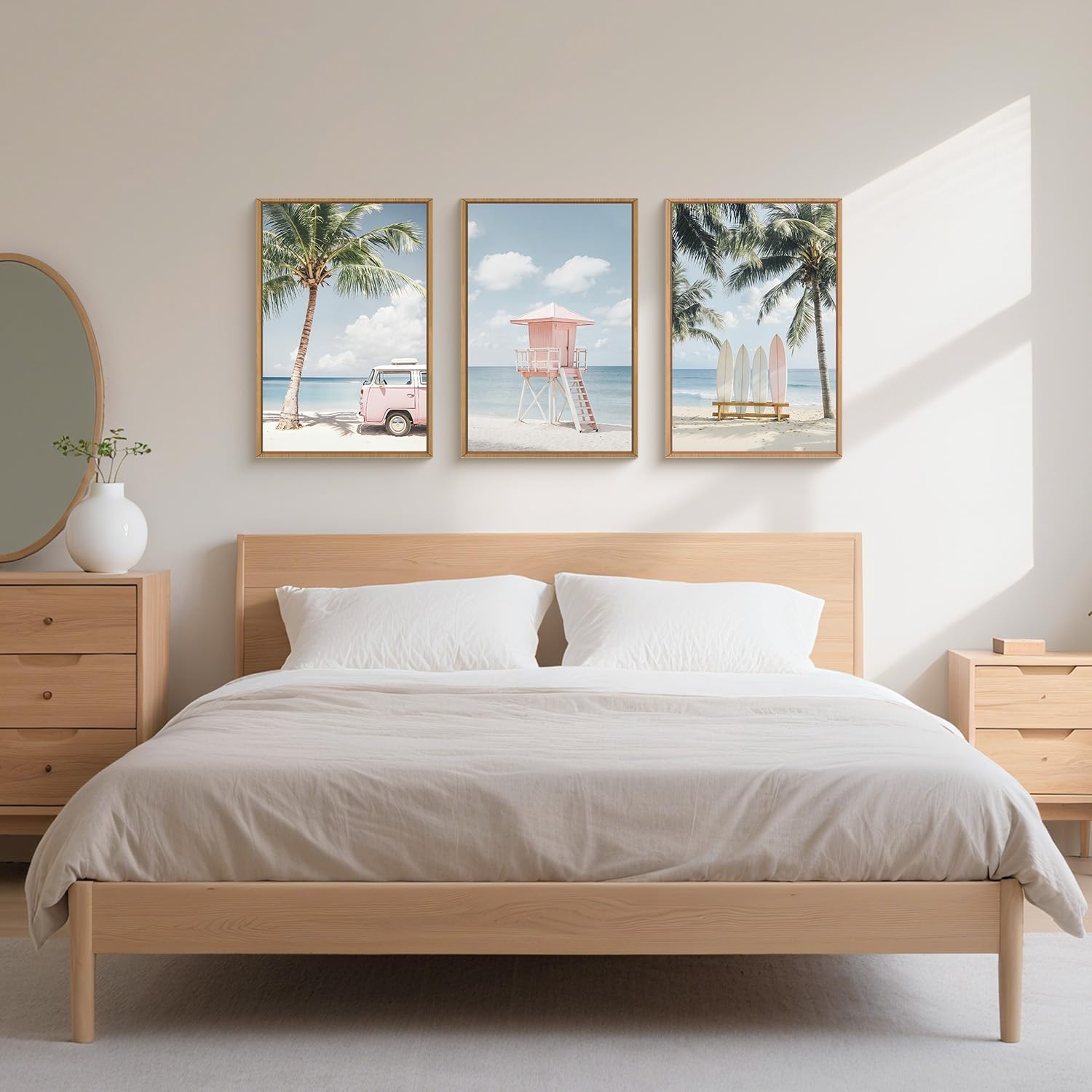 Celestdeco Large Beach Seascape Ocean Framed Canvas Wall Art Set,Modern Coastal Surfboard Palm Tree Wall Decor,Summer Pink Van Artwork for Living Room,Bedroom,Dining Room,Office-24 x36 x3