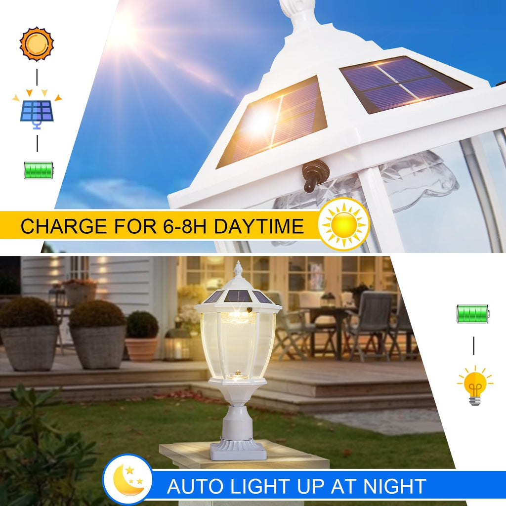 Dusk to Dawn Solar Lamp Post Light with Waterproof, Oil-Rubbed White Solar Pillar Lights with Clear Glass, Aluminum Exterior Pier Lamps for Patio Yard Pathway