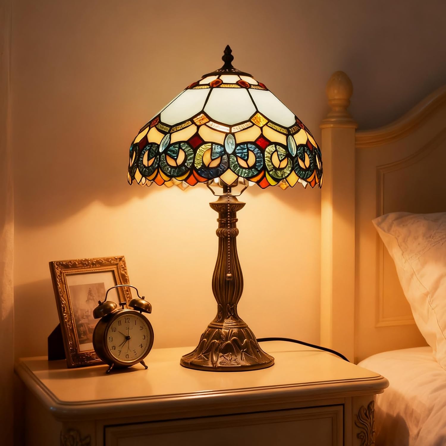 MOAN Lamp Stained Glass Table Lamp 12X12X19 Inch Bedside Reading Light Antique Bronze Base(Sapphire Style)