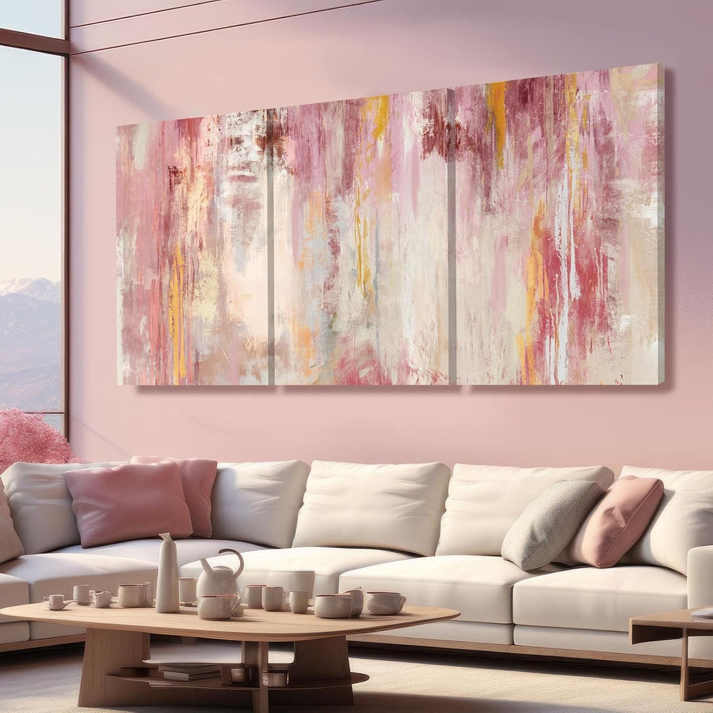Kureful Large Pink Wall Art Gold Bedroom Decor for Teens Abstract Wall Art for Living Room Canvas Wall Paintings Gold Artwork Pictures for Wall 24'x 36'x 3 Panel
