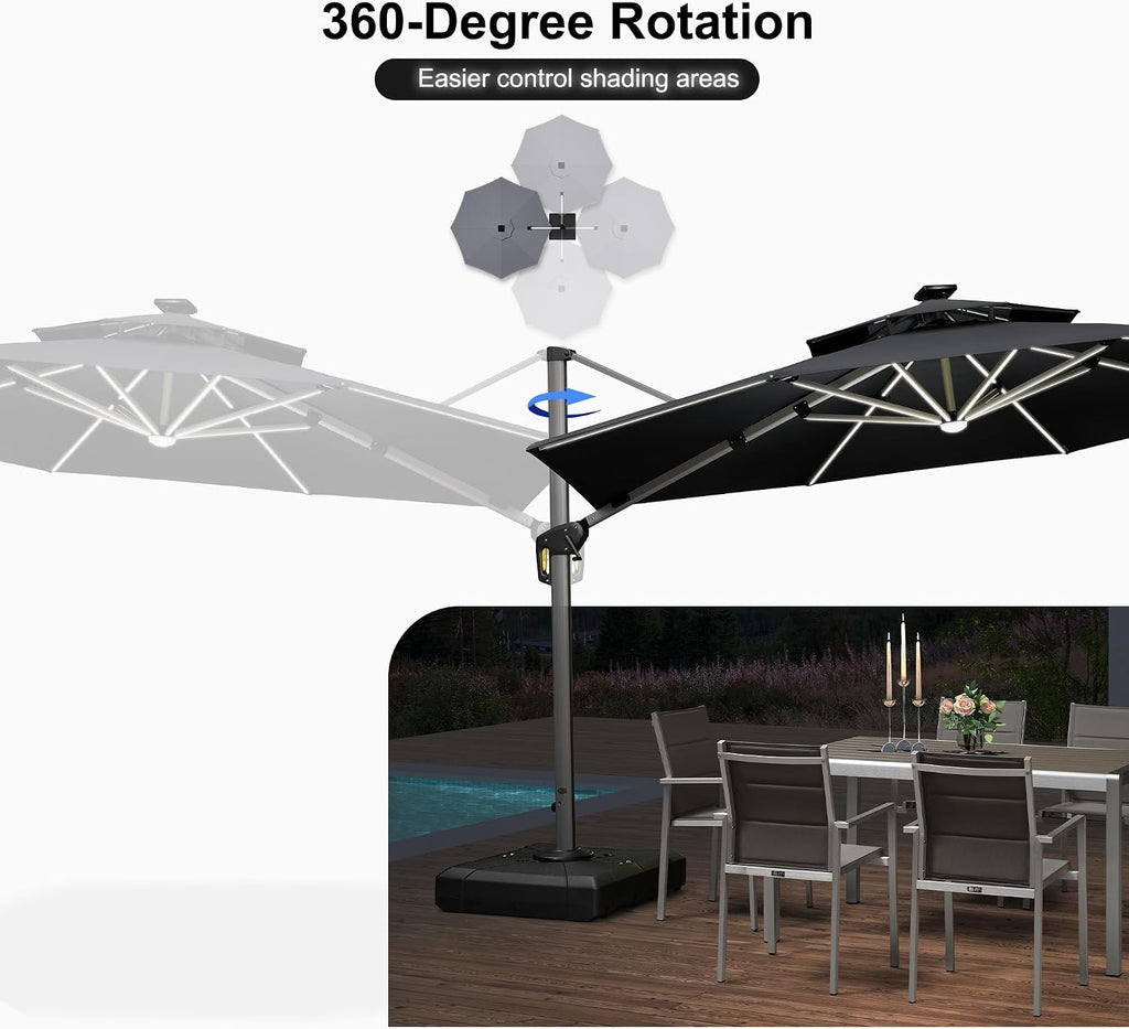 PURPLE LEAF 12ft Solar powered LED Patio Umbrella Outdoor Round Umbrella Large Cantilever Umbrellas with LED lights Windproof Offset Umbrellas Heavy Duty Sun Umbrella for Garden Deck Pool Patio, Grey