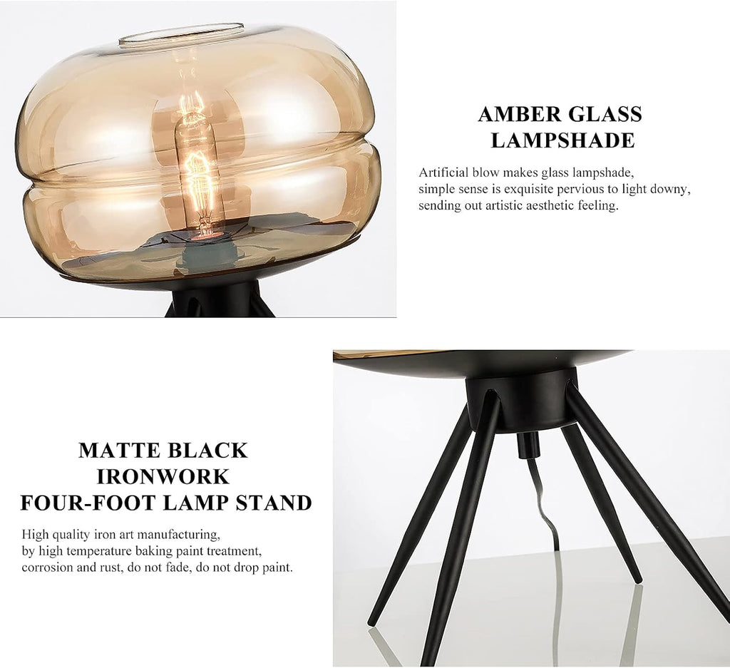 Oval Four-Leg Bracket Glass Table Lamp Personalized Glass Oval Lampshade Bedside Table Lamp Nordic Hand-Blown GlassIron Art Four-Leg Bracket Transparent Glass Lampshade Table Lamp Bedroom (Amber)