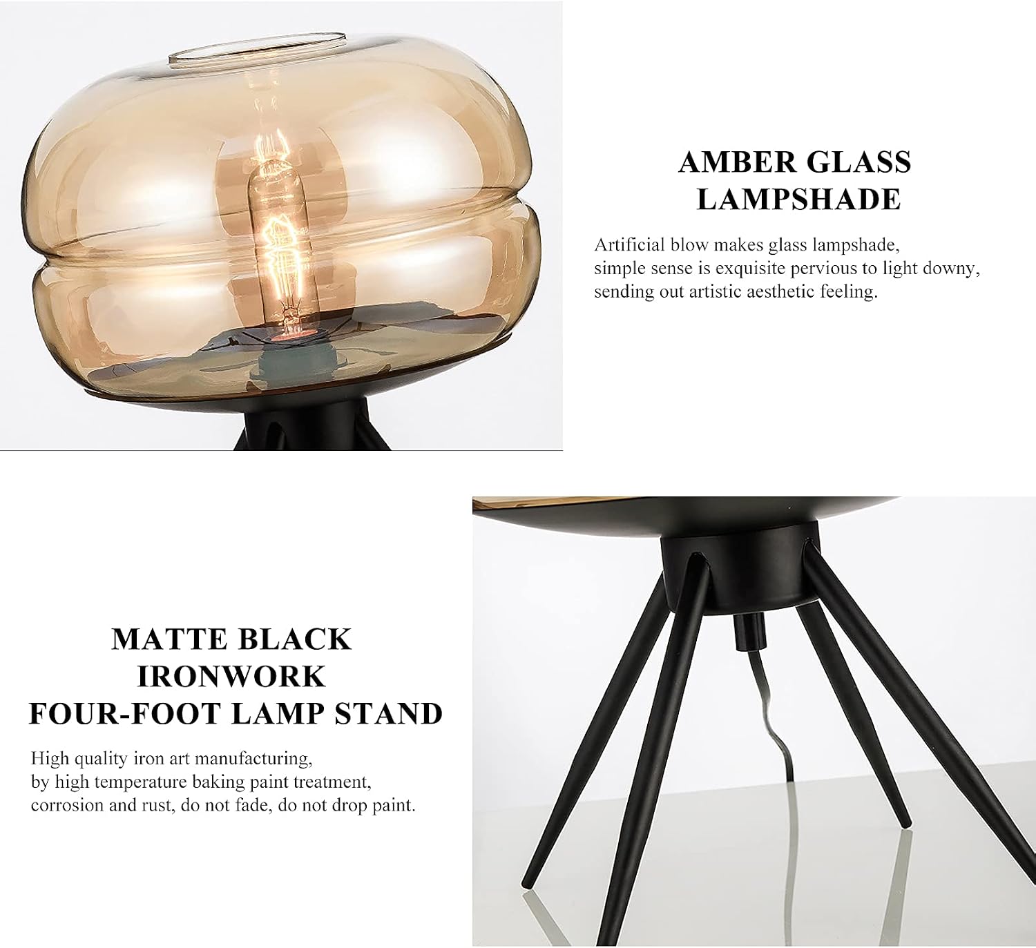 Oval Four-Leg Bracket Glass Table Lamp Personalized Glass Oval Lampshade Bedside Table Lamp Nordic Hand-Blown GlassIron Art Four-Leg Bracket Transparent Glass Lampshade Table Lamp Bedroom (Amber)