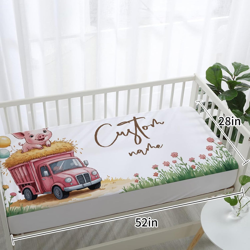 Personalized Crib Bedding Set for Baby Boys Girls, Piglet Pattern Custom Name Baby Crib Sets 5-Pcs, Double Layer Baby Blanket Fitted Sheet Changing Pad Cover Rug Wall Art Set