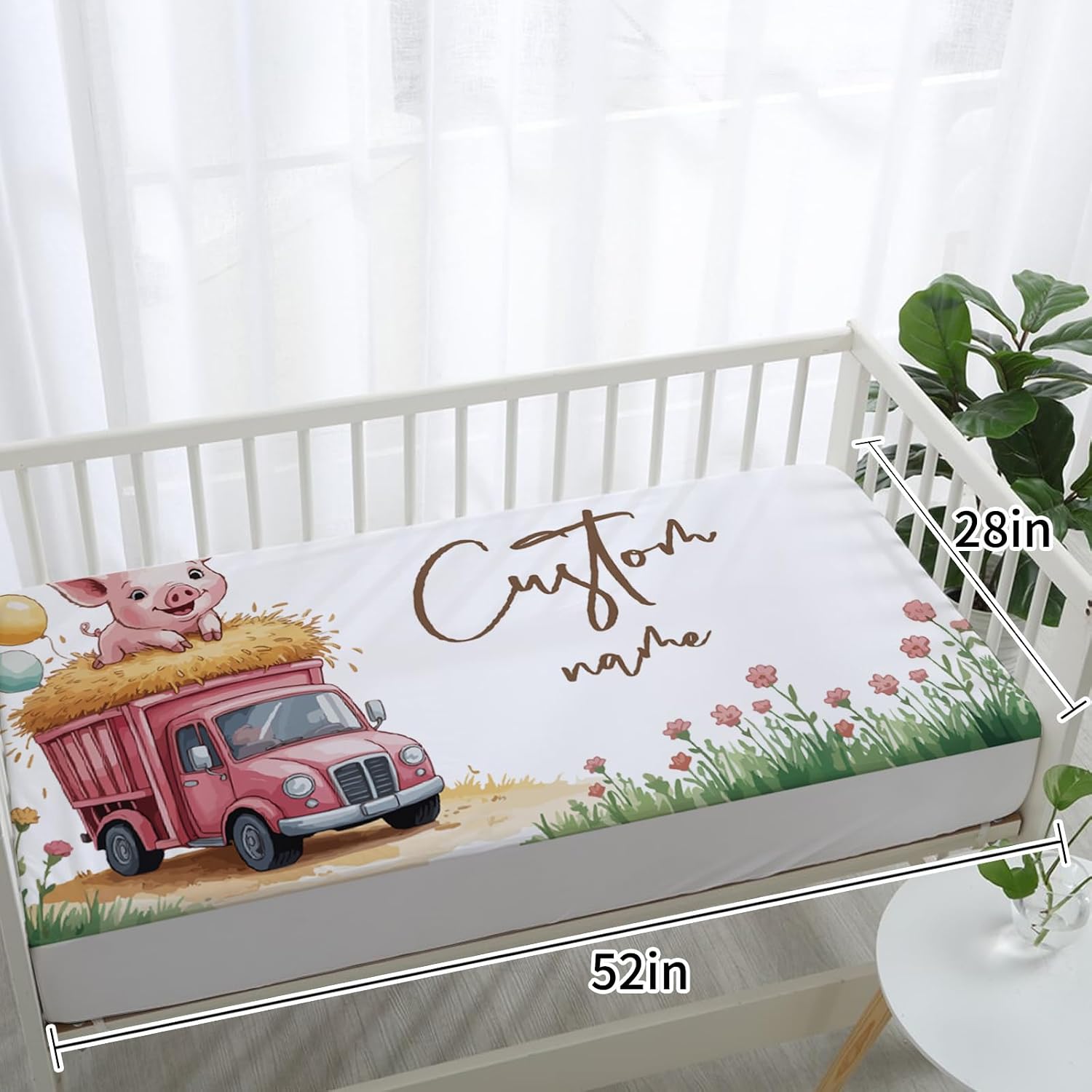Personalized Crib Bedding Set for Baby Boys Girls, Piglet Pattern Custom Name Baby Crib Sets 5-Pcs, Double Layer Baby Blanket Fitted Sheet Changing Pad Cover Rug Wall Art Set