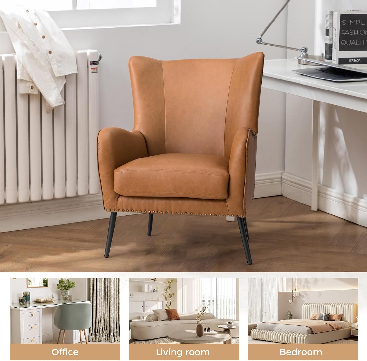 HULALA HOME Faux Leather Accent Chair Set of 2 with Removable Cushion, Comfy Upholstered Armchair with Metal Legs & Nailhead Trim Wingback Vanity Chair for Reading Living Room Bedroom, Camel