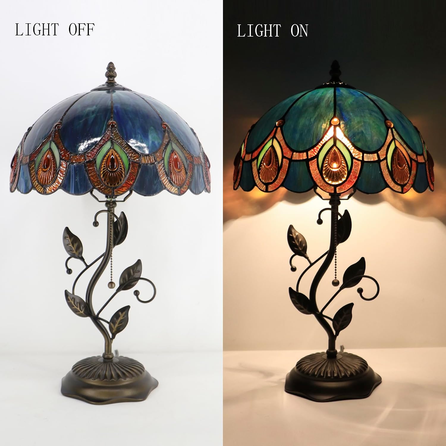 Tiffany Table Lamp, Stained Glass Style Desk Lamp, 12X12X19 Inch,Bedside Reading Light, Metal Leaf Base（Peacock Crystal Style