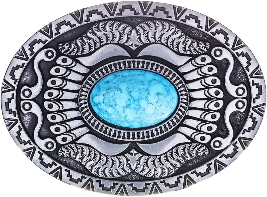 Men's Western Belt Buckle - Vintage Turquoise with Native American & Cowboy Elements