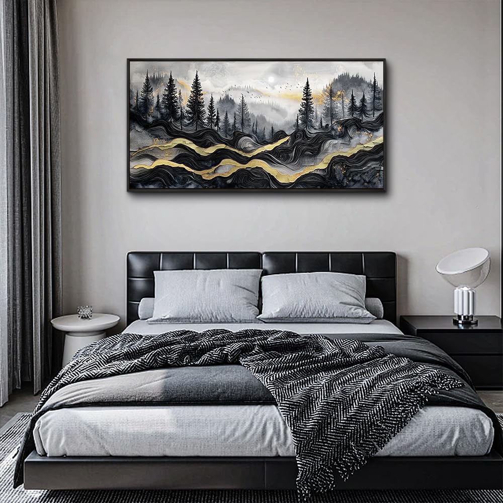KELIYUAAN Large Canvas Wall Art For Living Room Black Framed Wall Decor For Bedroom Office Wall Decorations Prints Pictures Abstract Mountain Landscape Painting Home Decor Aesthetics 24'X48'