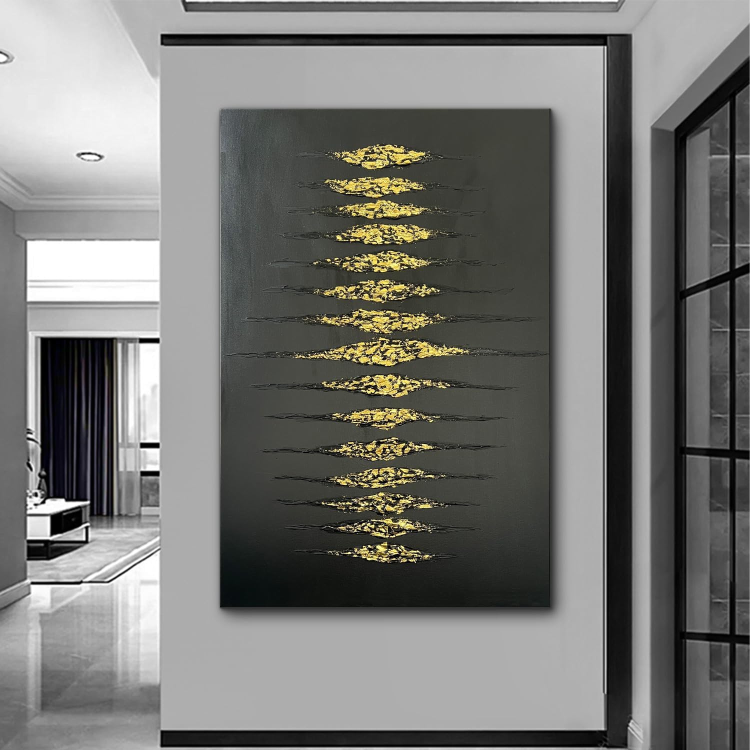 Creespi Hand-Painted Abstract Black and Gold Textured Wall Art 30x45 inch,Large Minimalist 3D Thick Texture Oil Painting on Canvas for Home Wall Decoration