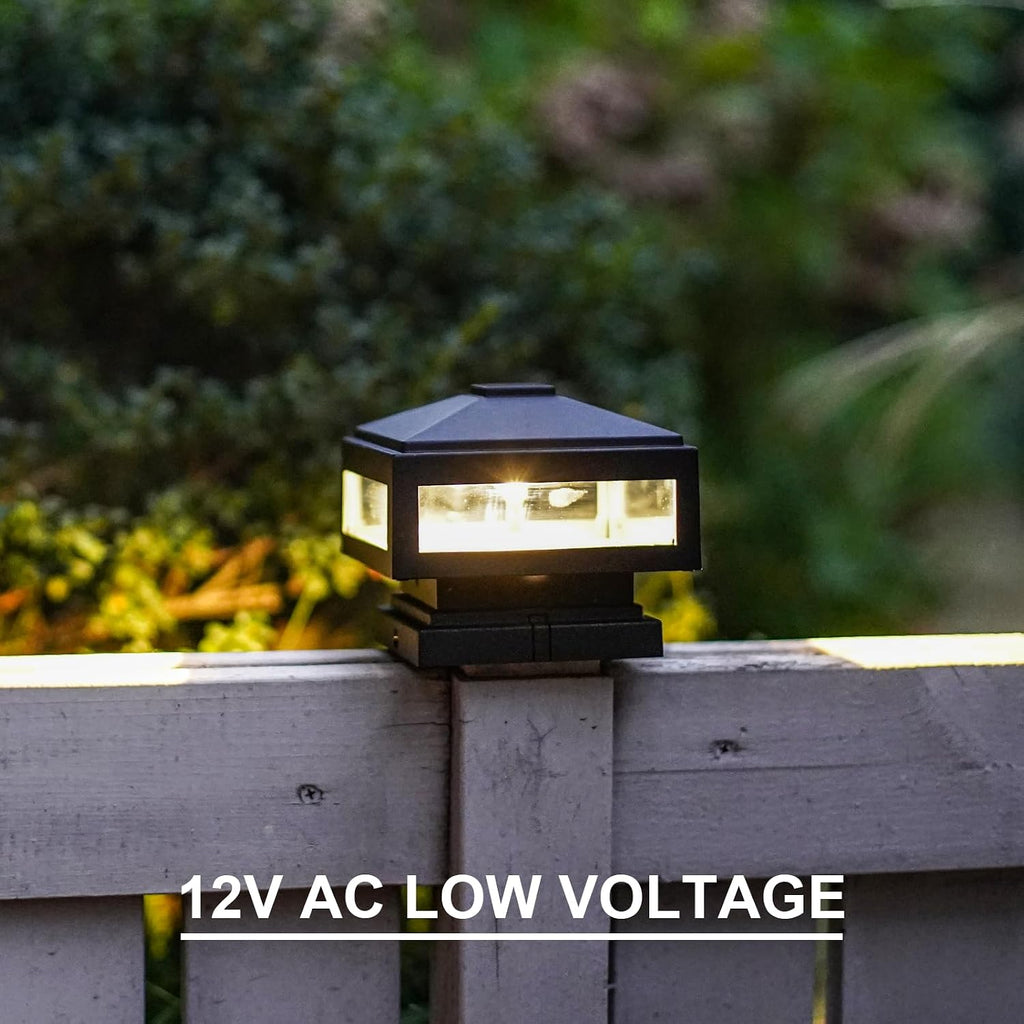 GOODSMANN Landscape Lighting 8PK Low Voltage Post Cap Lights Outdoor Lights 3W LED 150 Lumen 3000K with Cable Connectors 2 Bases for 6X6 (Actual 5.5' x 5.5') and 4X4 (Actual 3.5' x 3.5')